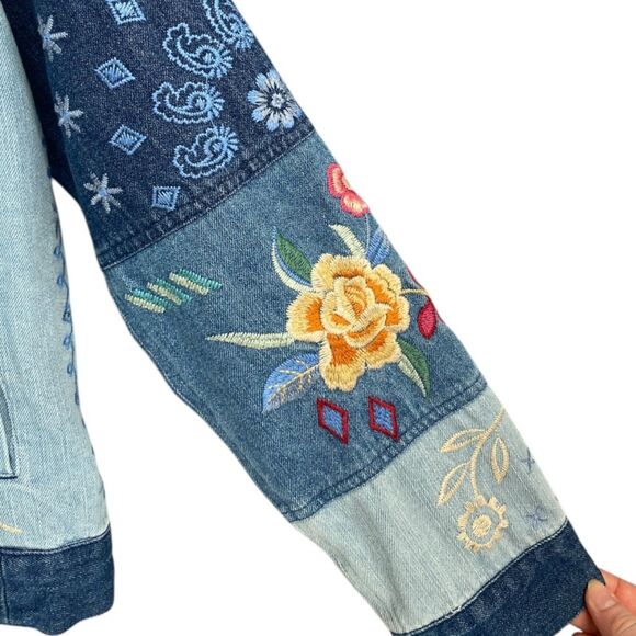 Johnny Was Floral Embroidered Denim Jacket Boho Patchwork Blue Jean Small - Picture 6 of 11